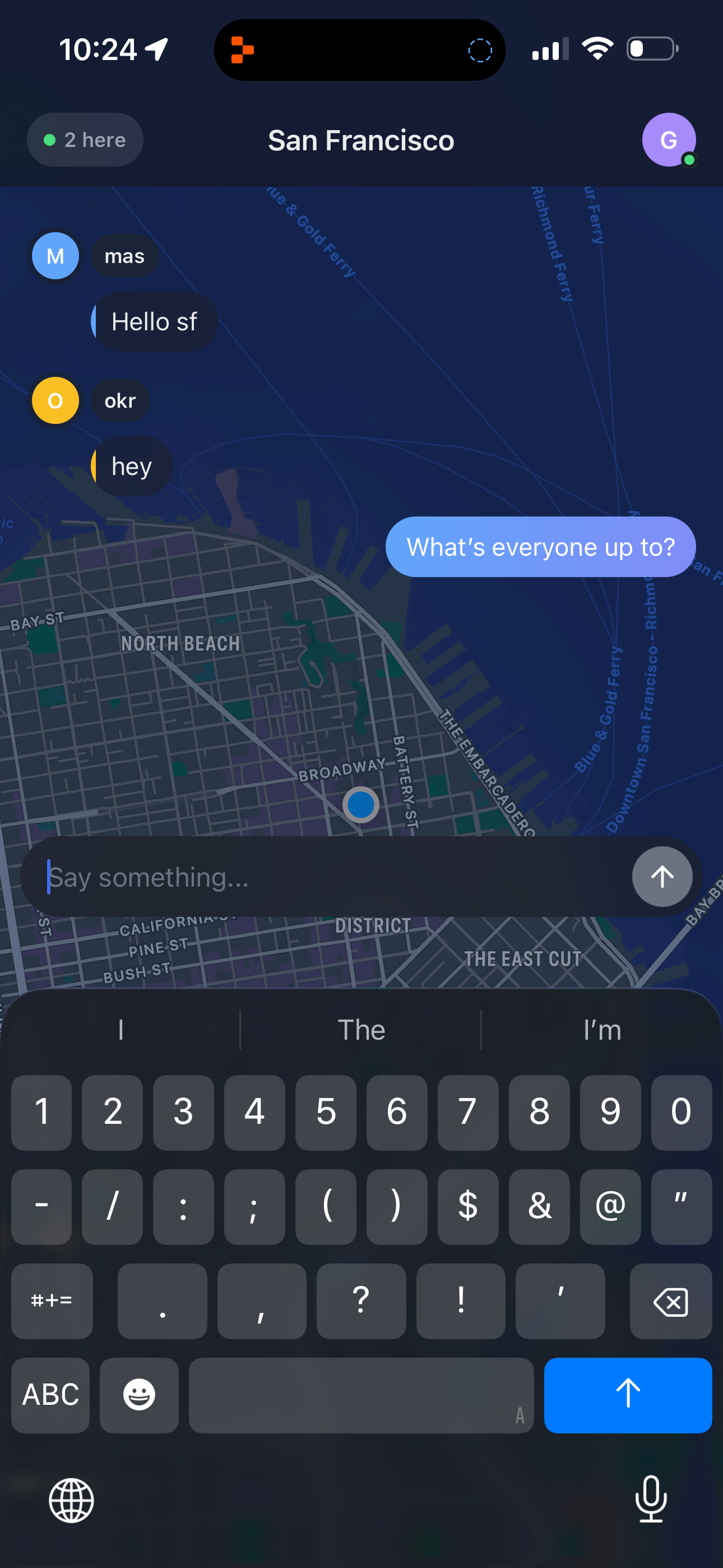 Live chat screen in SoIRL showing messages over a map of San Francisco